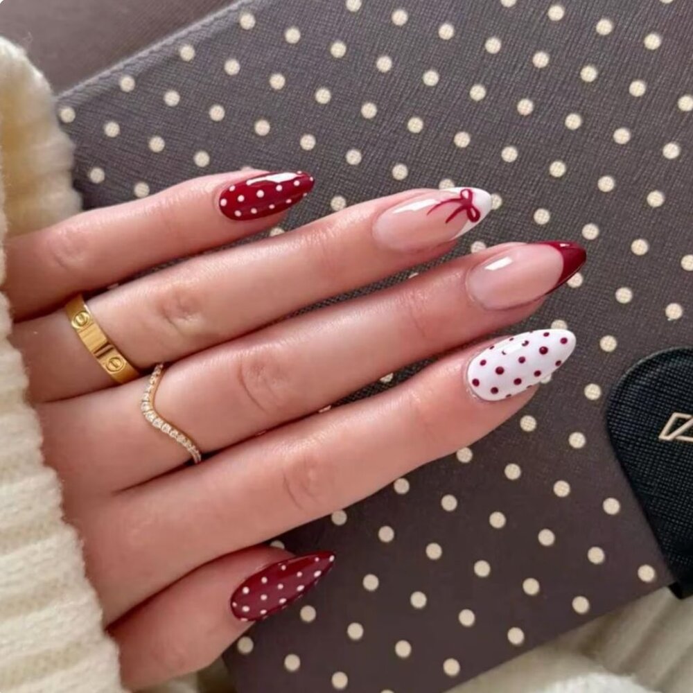 Vintage Red Polka Dot Press On Nails (Ribbon Accent) V265, Size XS